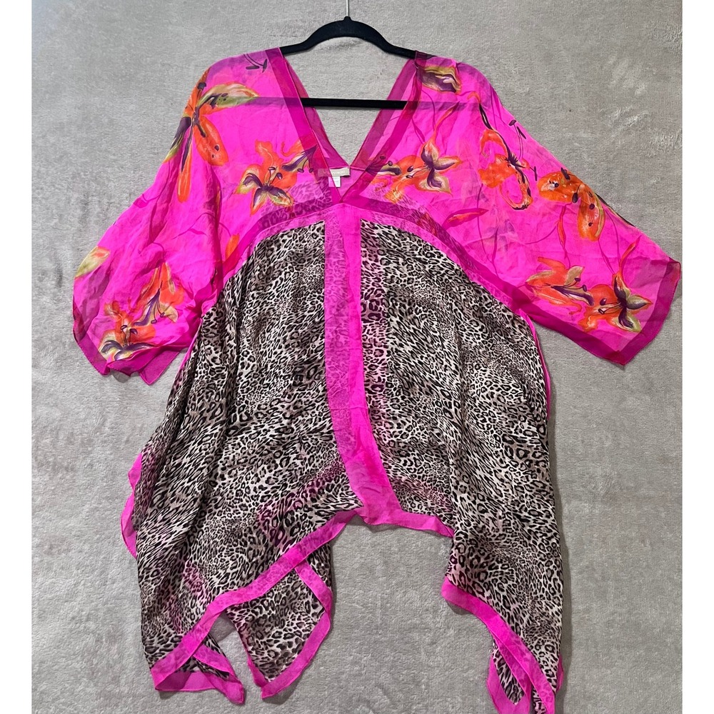 Silk Kaftan Tunic One Size Mixed Print Leopard Sheer Maximalist Asymmetrical